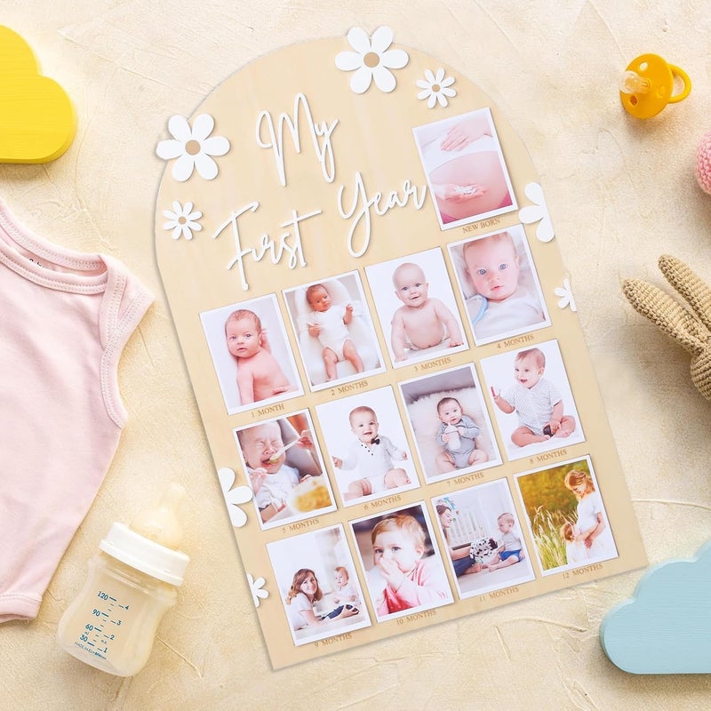 FLhdM My First Year Photo Frame Board, 1st Birthday Girl Boy Gifts, Newborn Newmom Gift, 1 Year Old Girls Gifts, One Year Birthday Party Decorations, Baby Shower Baptism Favors, 12 Months Milestone - Image 2